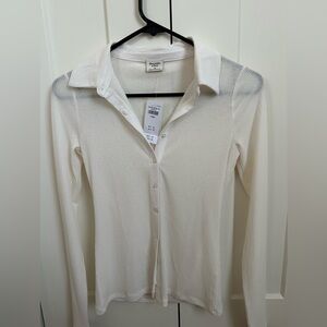 Abercrombie & Fitch White Ribbed Sheer Long Sleeve Top